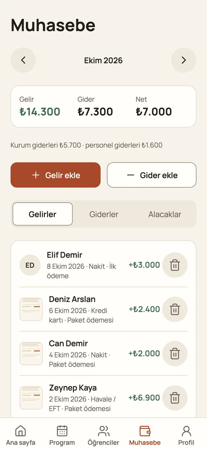 Aylık muhasebe: gelir, gider, net ve makbuzlu ödemeler